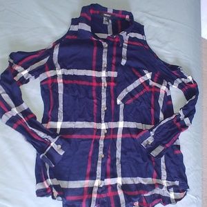 Flannel button up cut out shoulder shirt